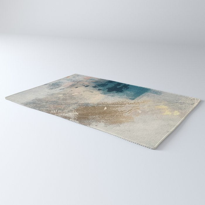 Embrace: a minimal, abstract mixed-media piece in blues and gold with a hint of pink Rug Gallery Image 3