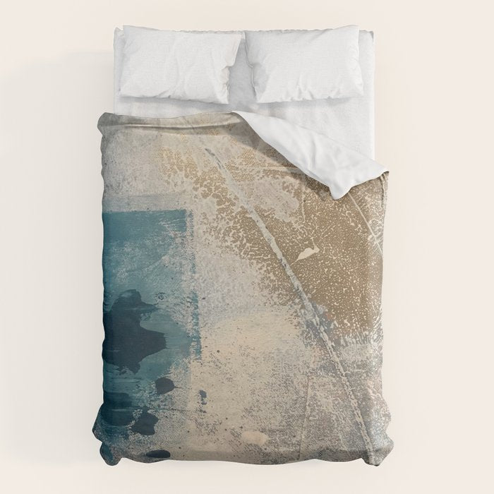 Embrace: a minimal, abstract mixed-media piece in blues and gold with a hint of pink Duvet Cover Gallery Image 6