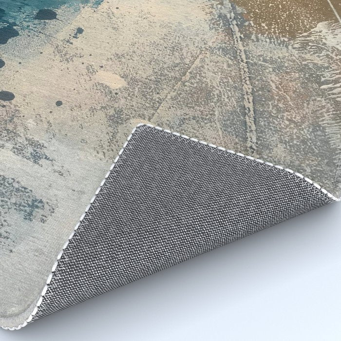Embrace: a minimal, abstract mixed-media piece in blues and gold with a hint of pink Rug Gallery Image 4