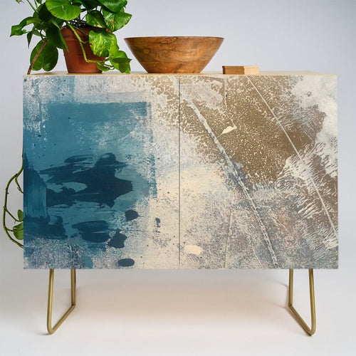 Embrace: A Minimal, Abstract Mixed-Media Piece In Blues And Gold With A Hint Of Pink Credenza