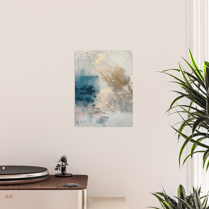 Embrace: a minimal, abstract mixed-media piece in blues and gold with a hint of pink Poster Gallery Image 2