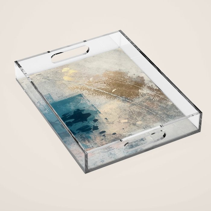 Embrace: a minimal, abstract mixed-media piece in blues and gold with a hint of pink Acrylic Tray Gallery Image 1