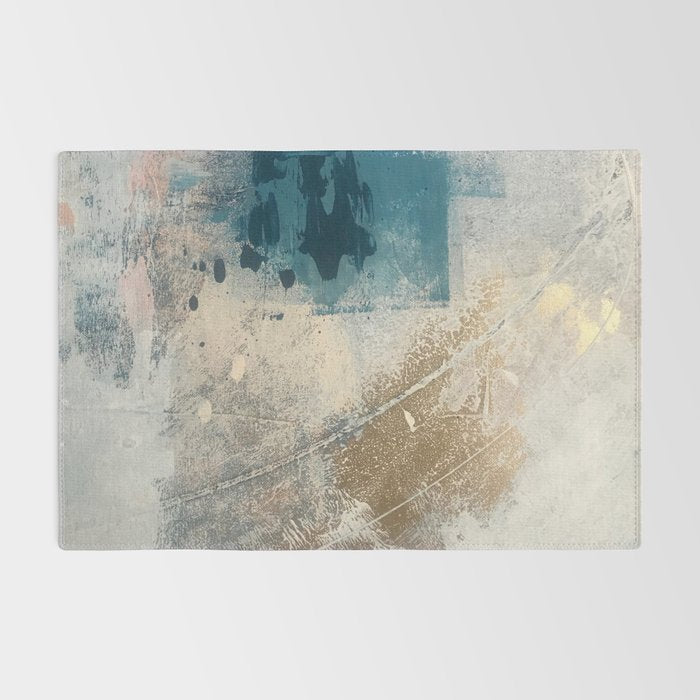 Embrace: a minimal, abstract mixed-media piece in blues and gold with a hint of pink Rug Gallery Image 2