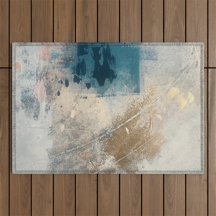 Embrace: a minimal, abstract mixed-media piece in blues and gold with a hint of pink Outdoor Rug Gallery Image 1