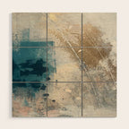 Embrace: a minimal, abstract mixed-media piece in blues and gold with a hint of pink Wood Wall Art Gallery Image 1