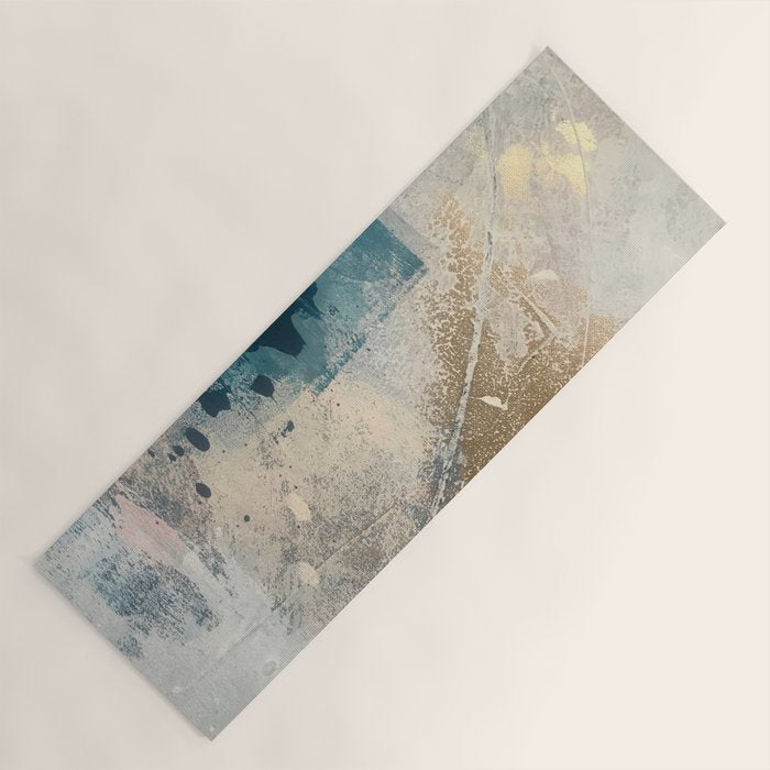 Embrace: a minimal, abstract mixed-media piece in blues and gold with a hint of pink Yoga Mat Gallery Image 1