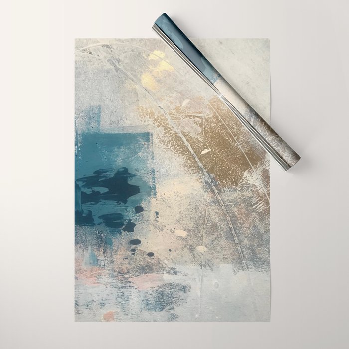 Embrace: a minimal, abstract mixed-media piece in blues and gold with a hint of pink Wrapping Paper Gallery Image 1