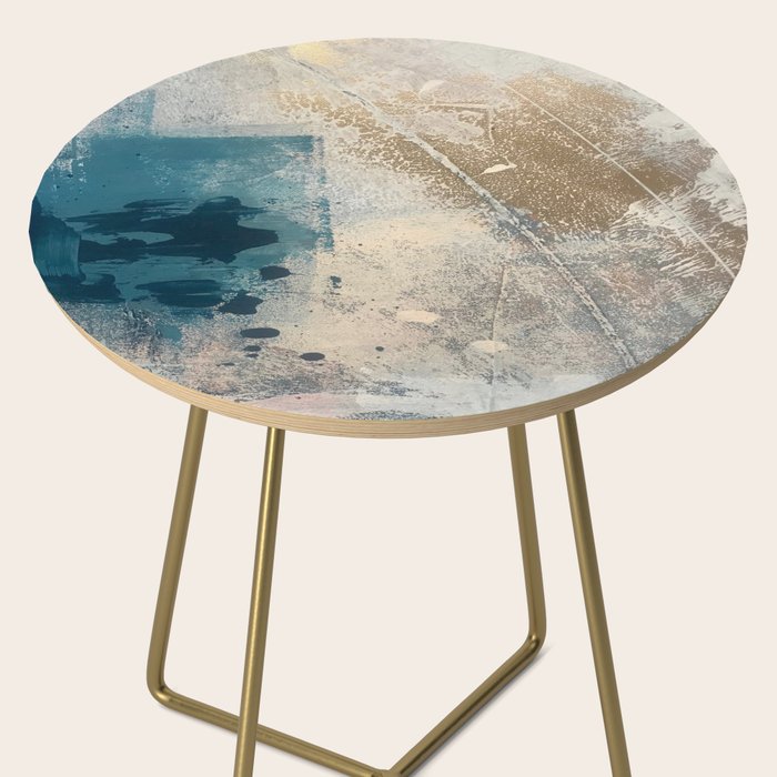 Embrace: a minimal, abstract mixed-media piece in blues and gold with a hint of pink Side Table Gallery Image 2
