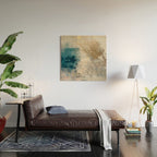 Embrace: a minimal, abstract mixed-media piece in blues and gold with a hint of pink Wood Wall Art Gallery Image 2