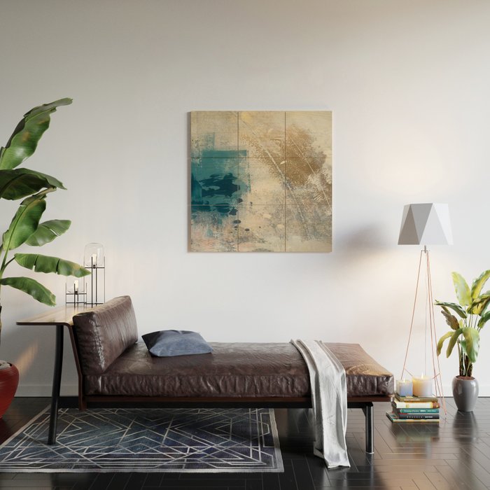 Embrace: a minimal, abstract mixed-media piece in blues and gold with a hint of pink Wood Wall Art Gallery Image 2