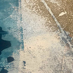 Embrace: a minimal, abstract mixed-media piece in blues and gold with a hint of pink Coffee Mug Gallery Image 2