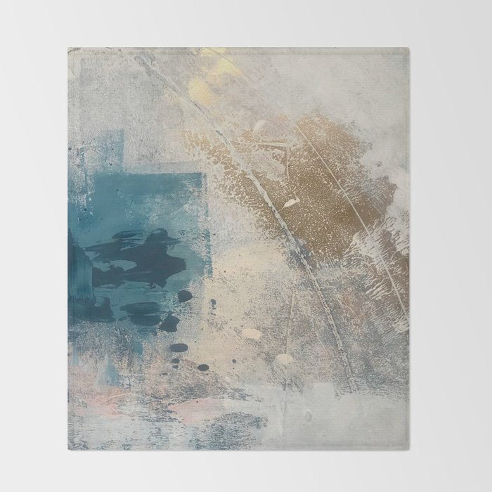 Embrace: a minimal, abstract mixed-media piece in blues and gold with a hint of pink Throw Blanket Gallery Image 2