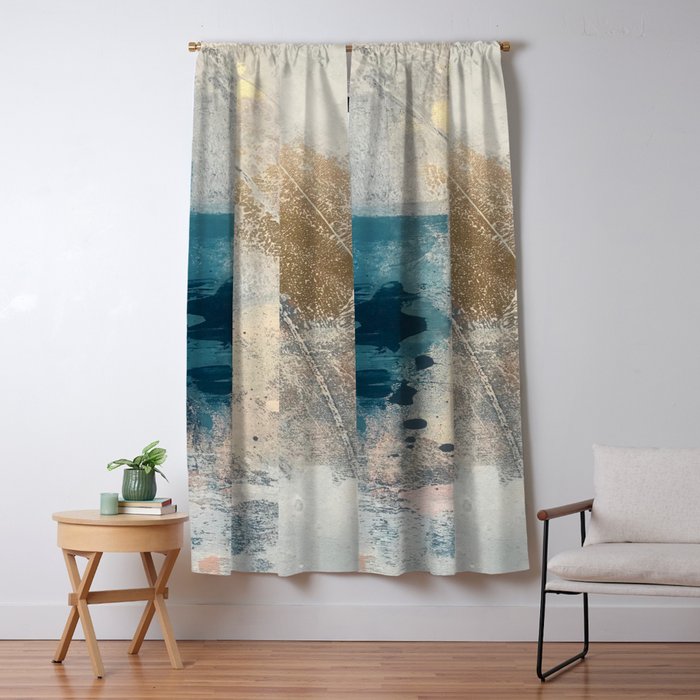 Embrace: a minimal, abstract mixed-media piece in blues and gold with a hint of pink Window Curtain Gallery Image 5