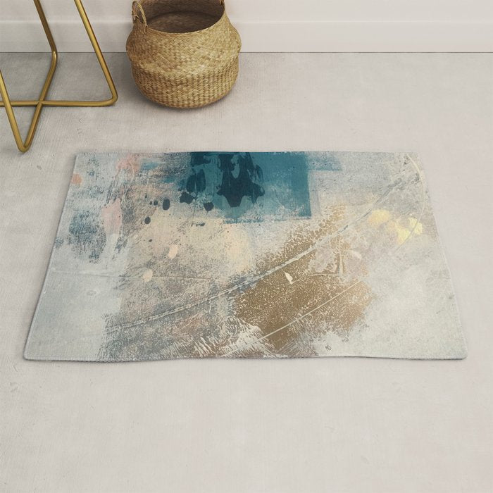 Embrace: a minimal, abstract mixed-media piece in blues and gold with a hint of pink Rug Gallery Image 1