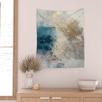 Embrace: a minimal, abstract mixed-media piece in blues and gold with a hint of pink Wall Tapestry Gallery Image 2