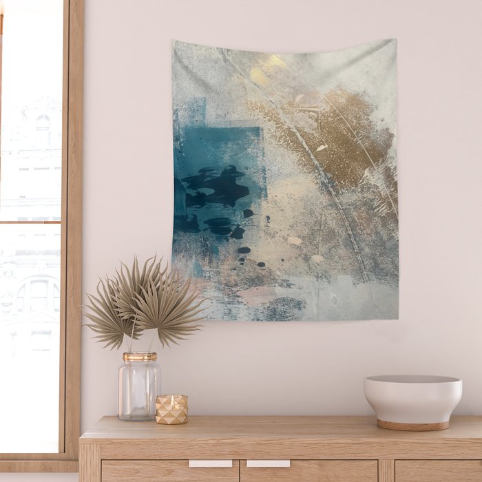 Embrace: a minimal, abstract mixed-media piece in blues and gold with a hint of pink Wall Tapestry Gallery Image 2