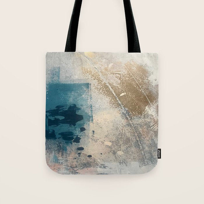Embrace: a minimal, abstract mixed-media piece in blues and gold with a hint of pink Tote Bag Gallery Image 1