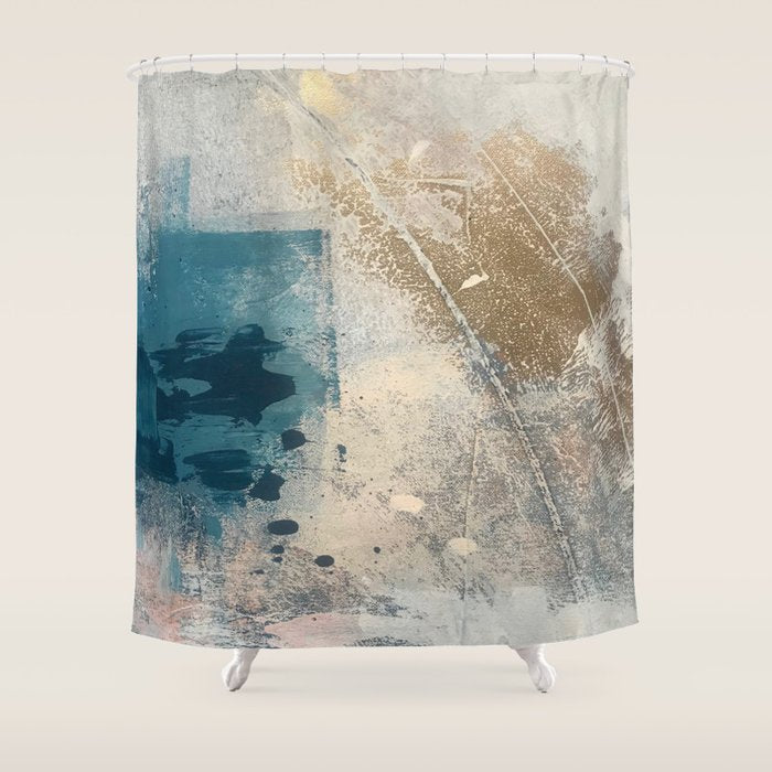 Embrace: a minimal, abstract mixed-media piece in blues and gold with a hint of pink Shower Curtain Gallery Image 1