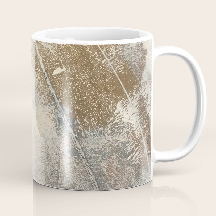 Embrace: a minimal, abstract mixed-media piece in blues and gold with a hint of pink Coffee Mug Gallery Image 1