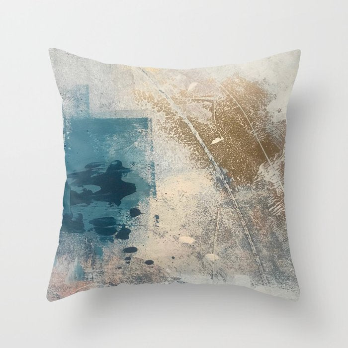 Embrace: a minimal, abstract mixed-media piece in blues and gold with a hint of pink Throw Pillow Gallery Image 6