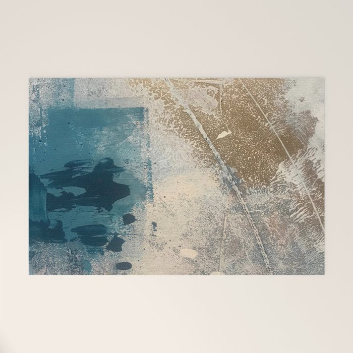 Embrace: a minimal, abstract mixed-media piece in blues and gold with a hint of pink Welcome Mat Gallery Image 1