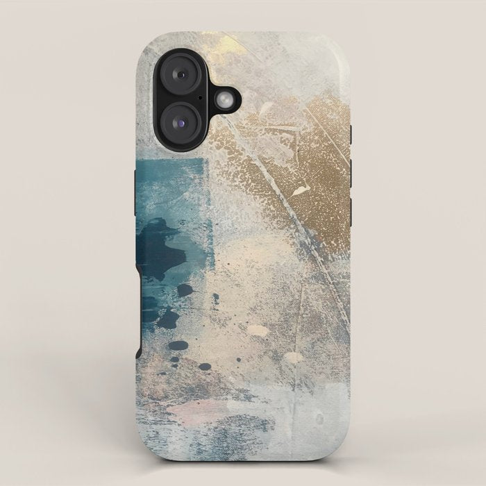 Embrace: a minimal, abstract mixed-media piece in blues and gold with a hint of pink iPhone Case Gallery Image 1