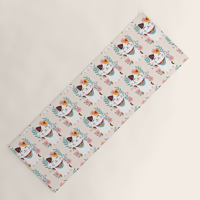 Japanese Lucky Cat with Cherry Blossoms Yoga Mat Gallery Image 1