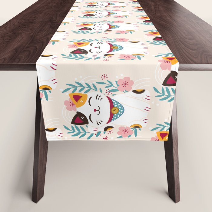 Japanese Lucky Cat with Cherry Blossoms Table Runner Gallery Image 1