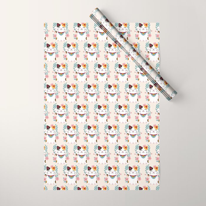 Japanese Lucky Cat with Cherry Blossoms Wrapping Paper Gallery Image 1