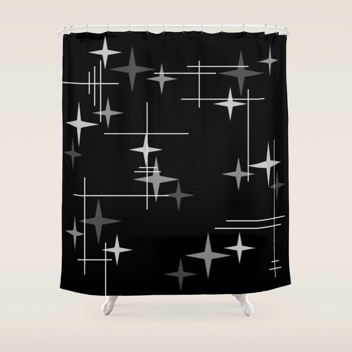 Mid Century Modern Stars (Black) Shower Curtain Gallery Image 1