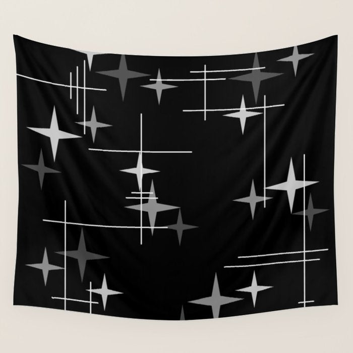 Mid Century Modern Stars (Black) Wall Tapestry Gallery Image 4