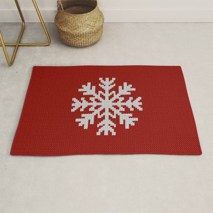 Classic Red Christmas white snowflake knit Rug Gallery Image 1