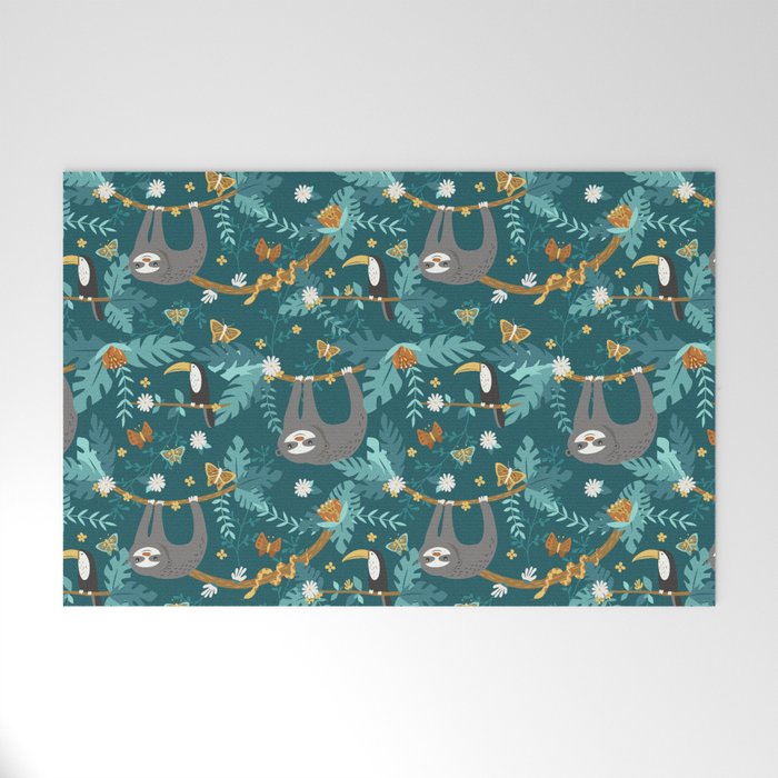 Sloth Hanging in a Teal Forest Welcome Mat Gallery Image 1