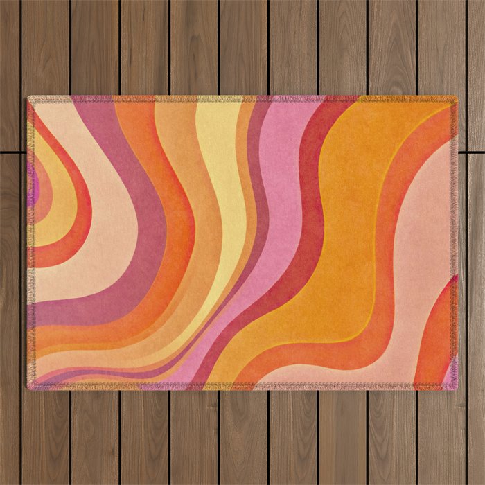 Retro Groovy Wavy Watercolor Color Block Hot Summer Vibes Outdoor Rug Gallery Image 1