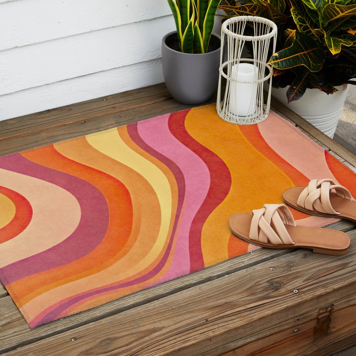 Retro Groovy Wavy Watercolor Color Block Hot Summer Vibes Outdoor Rug Gallery Image 2