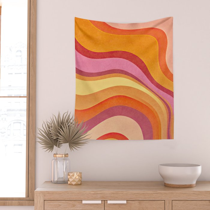 Retro Groovy Wavy Watercolor Color Block Hot Summer Vibes Wall Tapestry Gallery Image 2