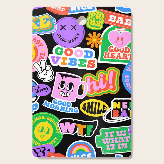 Retro cartoon sticker label pattern Cutting Board Gallery Image 1
