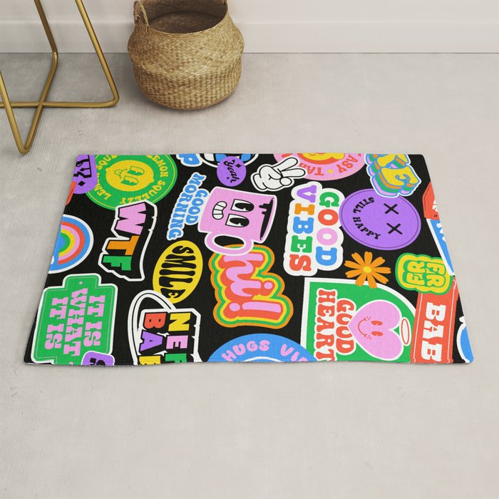 Retro cartoon sticker label pattern Rug Gallery Image 1