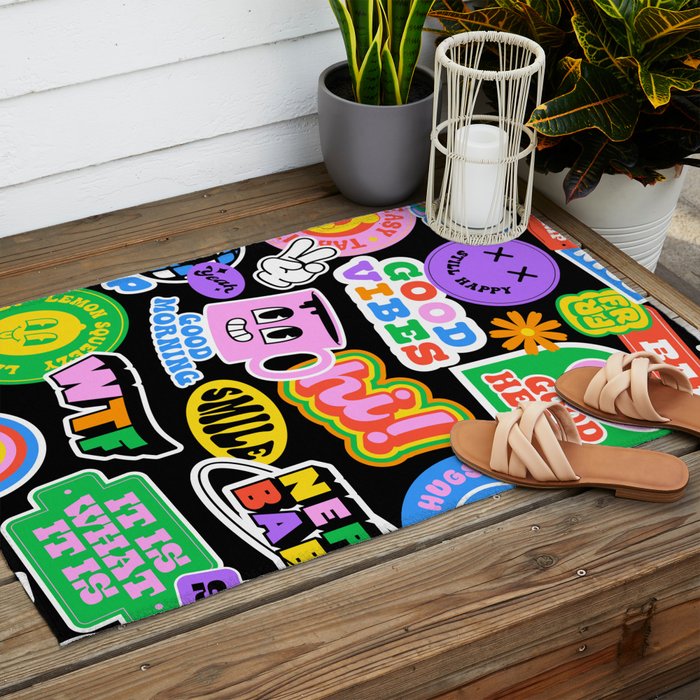 Retro cartoon sticker label pattern Outdoor Rug Gallery Image 2