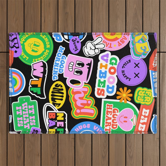 Retro cartoon sticker label pattern Outdoor Rug Gallery Image 1