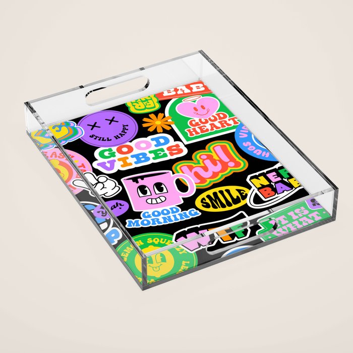 Retro cartoon sticker label pattern Acrylic Tray Gallery Image 1