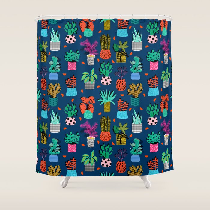 Check It - house plants indoor monstera neon bright modern pattern retro throwback memphis style Shower Curtain Gallery Image 1