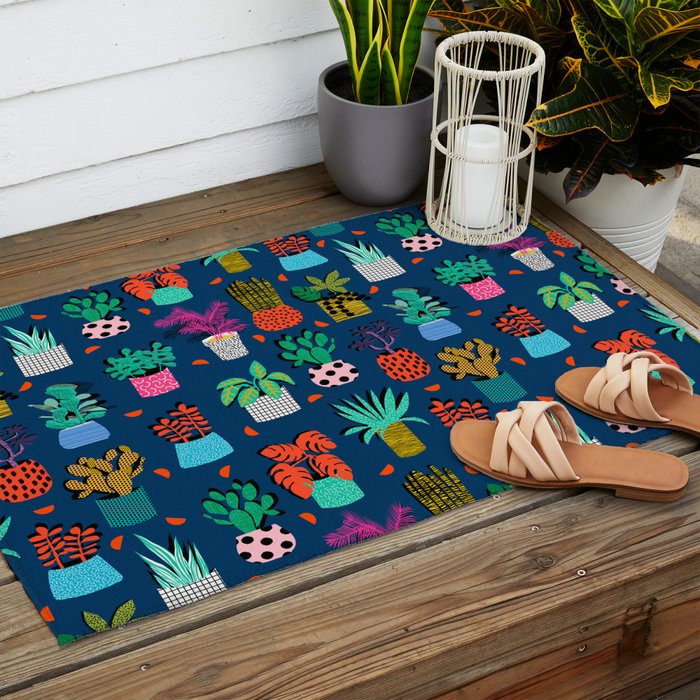 Check It - house plants indoor monstera neon bright modern pattern retro throwback memphis style Outdoor Rug Gallery Image 2
