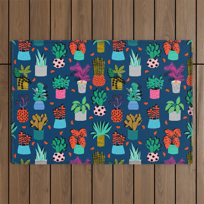 Check It - house plants indoor monstera neon bright modern pattern retro throwback memphis style Outdoor Rug Gallery Image 1