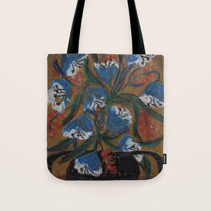 Blue Bell Flowers in Black Basket Whimsical Floral Still Life Folk Art Botanical Painting Tote Bag Gallery Image 1