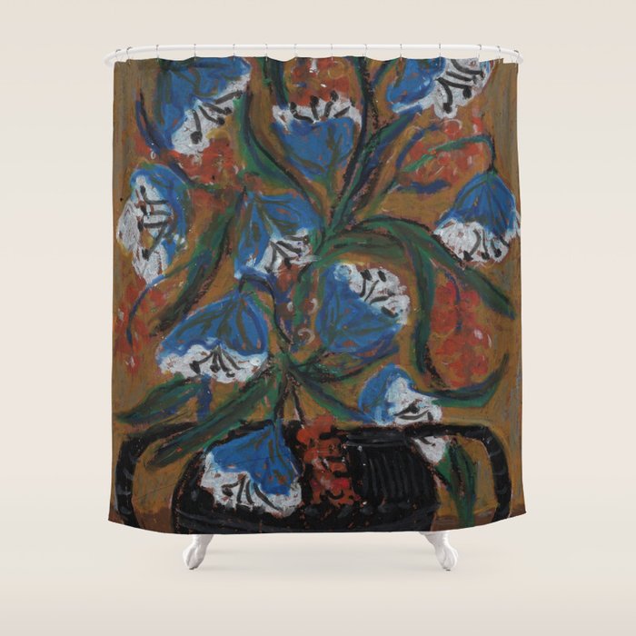 Blue Bell Flowers in Black Basket Whimsical Floral Still Life Folk Art Botanical Painting Shower Curtain Gallery Image 1