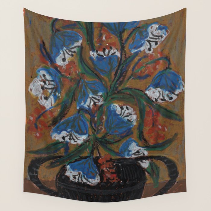 Blue Bell Flowers in Black Basket Whimsical Floral Still Life Folk Art Botanical Painting Wall Tapestry Gallery Image 1