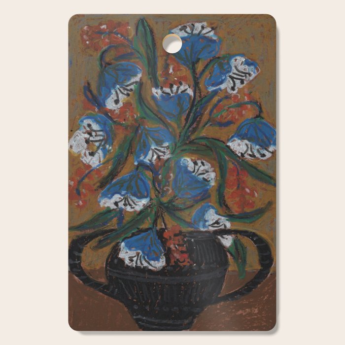 Blue Bell Flowers in Black Basket Whimsical Floral Still Life Folk Art Botanical Painting Cutting Board Gallery Image 1