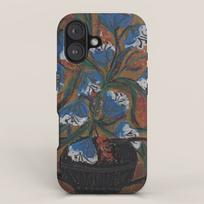 Blue Bell Flowers in Black Basket Whimsical Floral Still Life Folk Art Botanical Painting iPhone Case Gallery Image 1