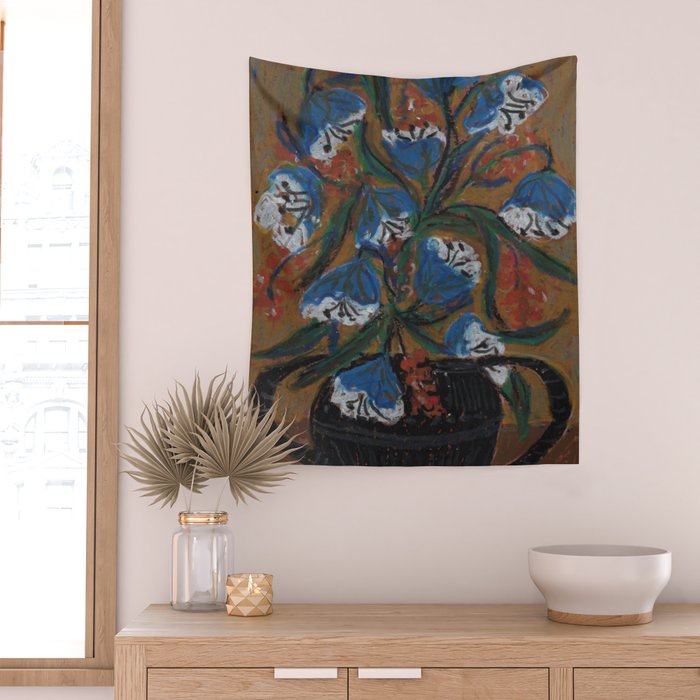 Blue Bell Flowers in Black Basket Whimsical Floral Still Life Folk Art Botanical Painting Wall Tapestry Gallery Image 2